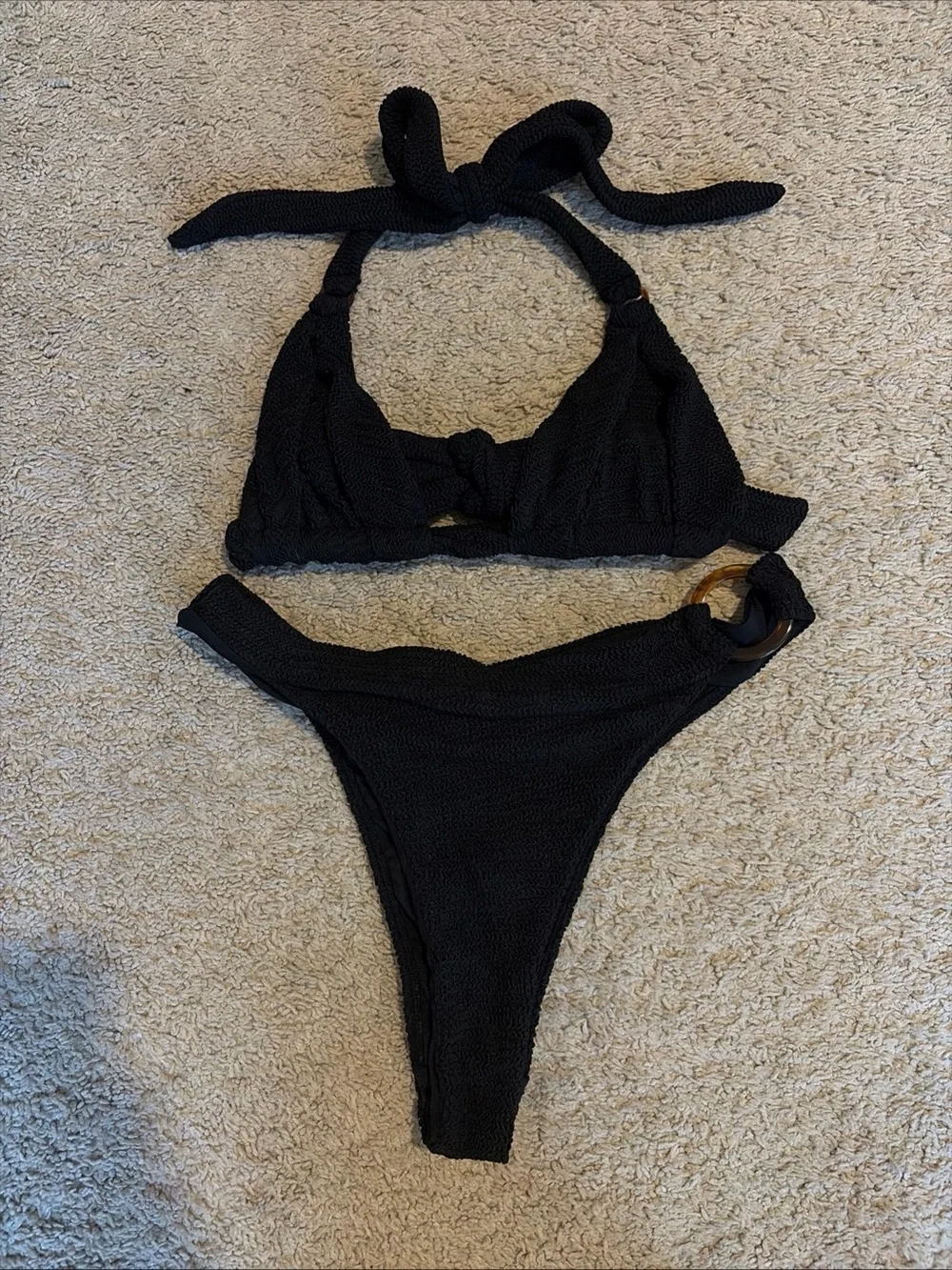 Monday Swimwear Black Crinkle Morocco Top Antigua Bottoms Bikini Medium/Large